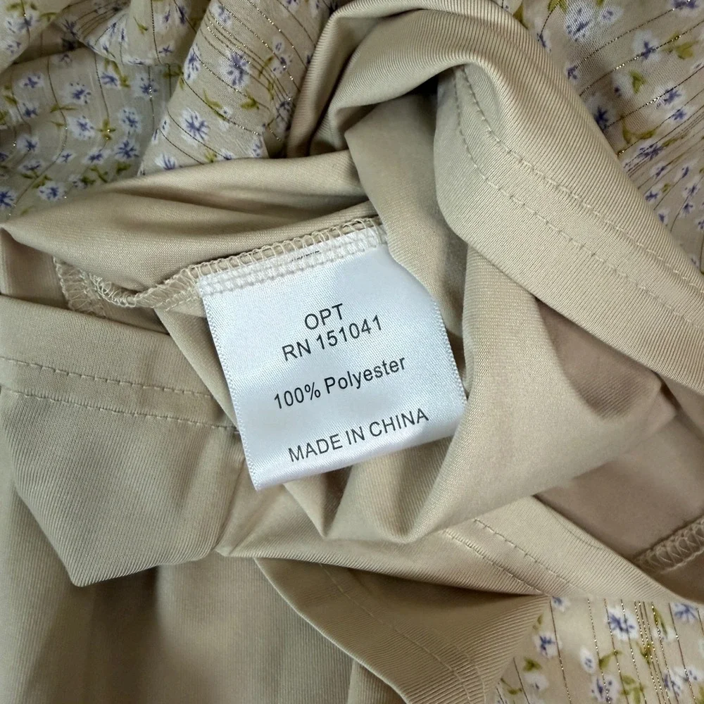 Whimsical Beige Microfloral Metallic Tiered Ruffled Prairie Maxi Dress LG o.p.t. - Picture 8 of 10